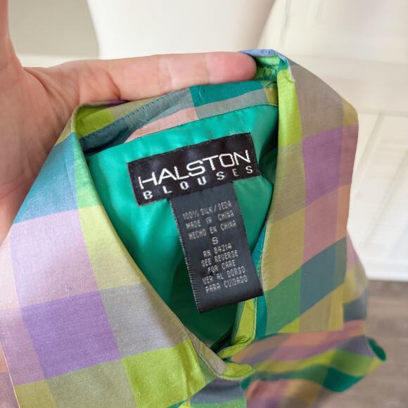 Vintage Halston Checkered Plaid Silk Taffeta Sleeveless Blouse Size S - Picture 5 of 6